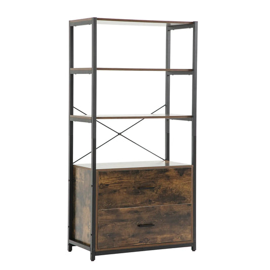 Industrial Bookcase With File Cabinet Drawers, 62.7 In Tall Bookshelf 4 Tier, Freestanding Storage Home Office Cabinet Organizer, Rustic Home Decor, Vintage Brown