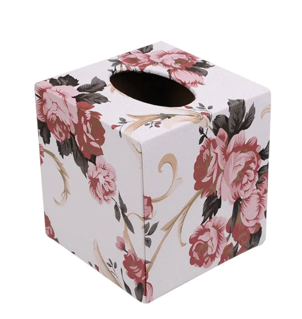 Cube Tissue Box Holders PU Leather Square Tissue Box Cover (Peony)