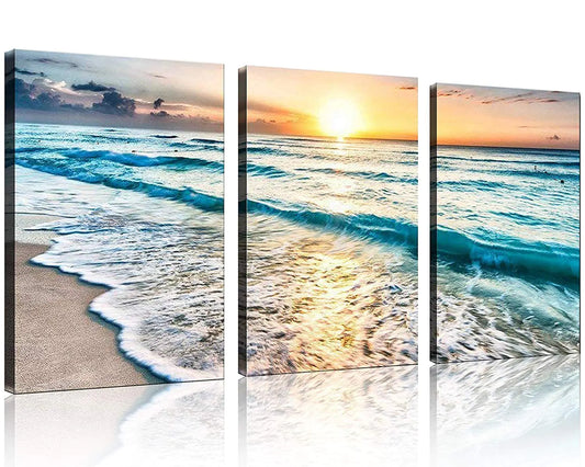 3 Panel Canvas Wall Art for Home Decor Blue Sea Sunset White Beach Painting The Picture Print On Canvas Seascape The Pictures for Home Decor DecorationReady to Hang